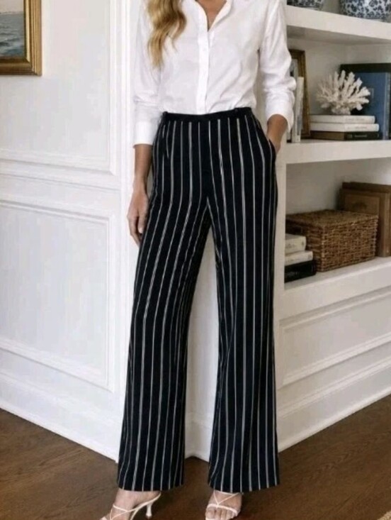 St. John Pants - St. John Wide Leg Pants Navy Blue Striped Trousers Pull-On NEW Women's Sz S